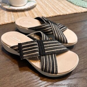 Clarks Cloudsteppers Arla Wave Slide Sandals Black White Stripe Comfort Size 6